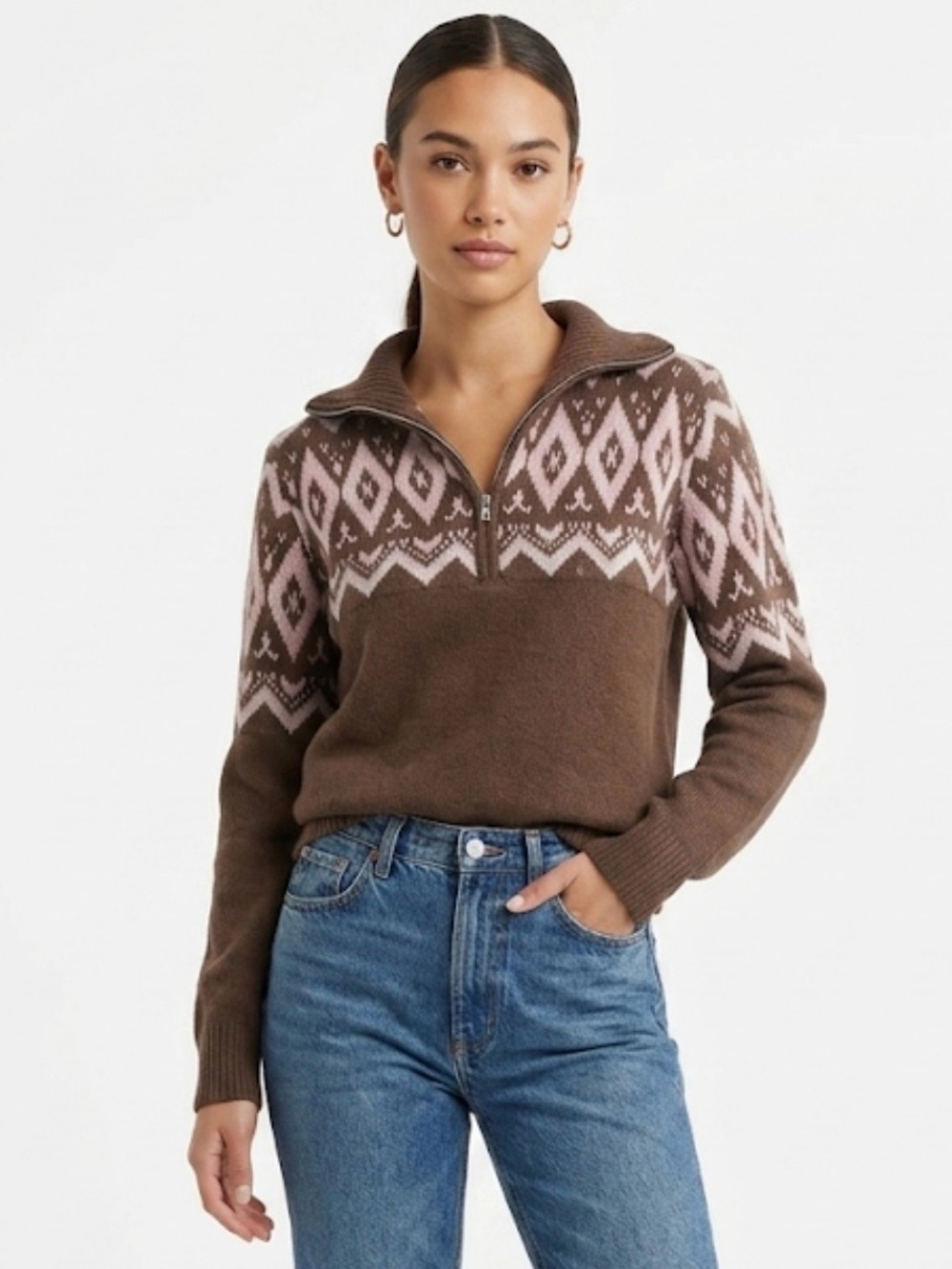 Woven Heart Fair Isle Quarter-Zip Pullover Sweater - Brown / Pink Medium